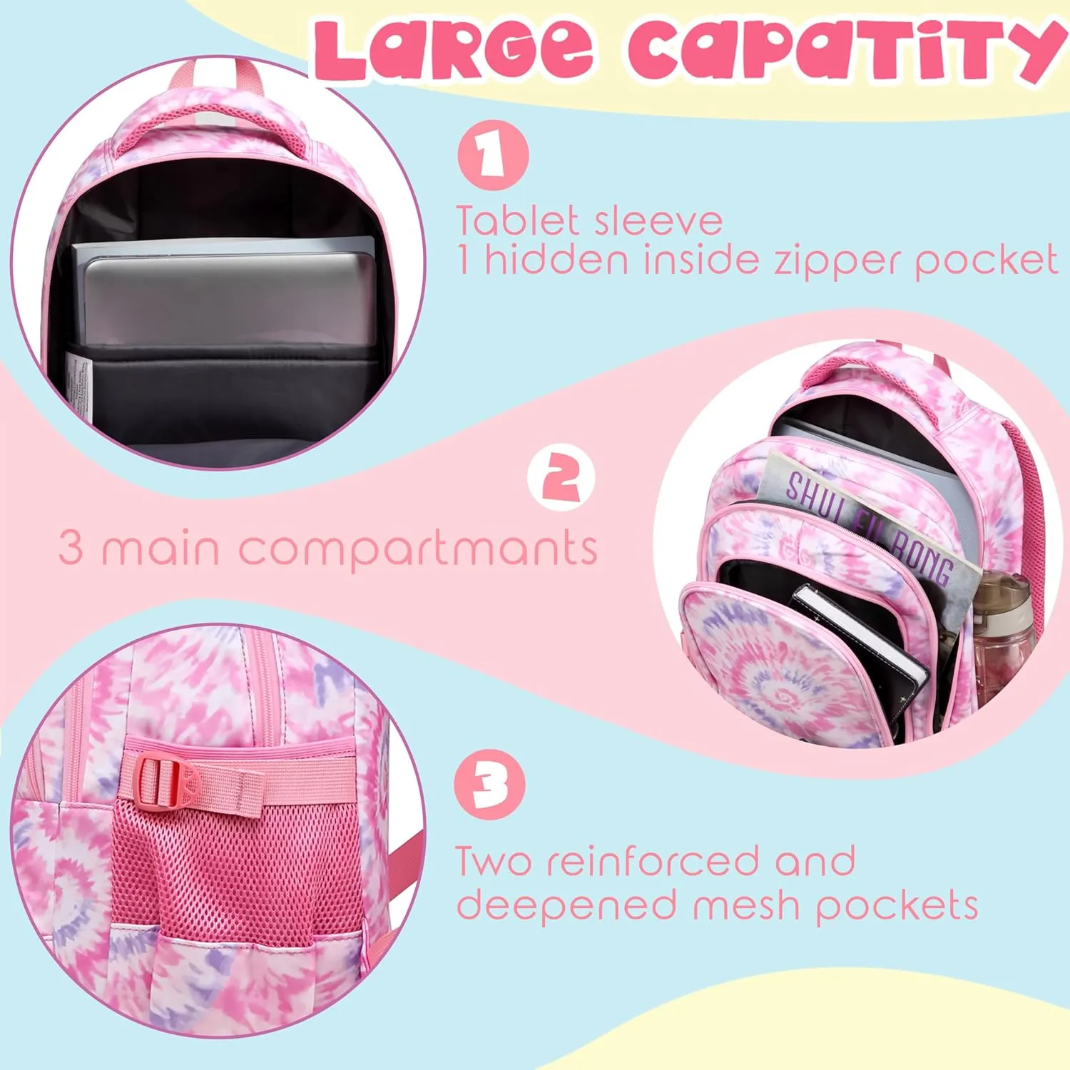 BLUEFAIRY Kids Backpack for Girls Elementary Primary Middle School Bags for Aged 8-10 for Teens Childs Bookbags Back to School Book Bags Gifts Mochilas para Niñas de 6 7 8 9 10 Años Tie-dye Pink