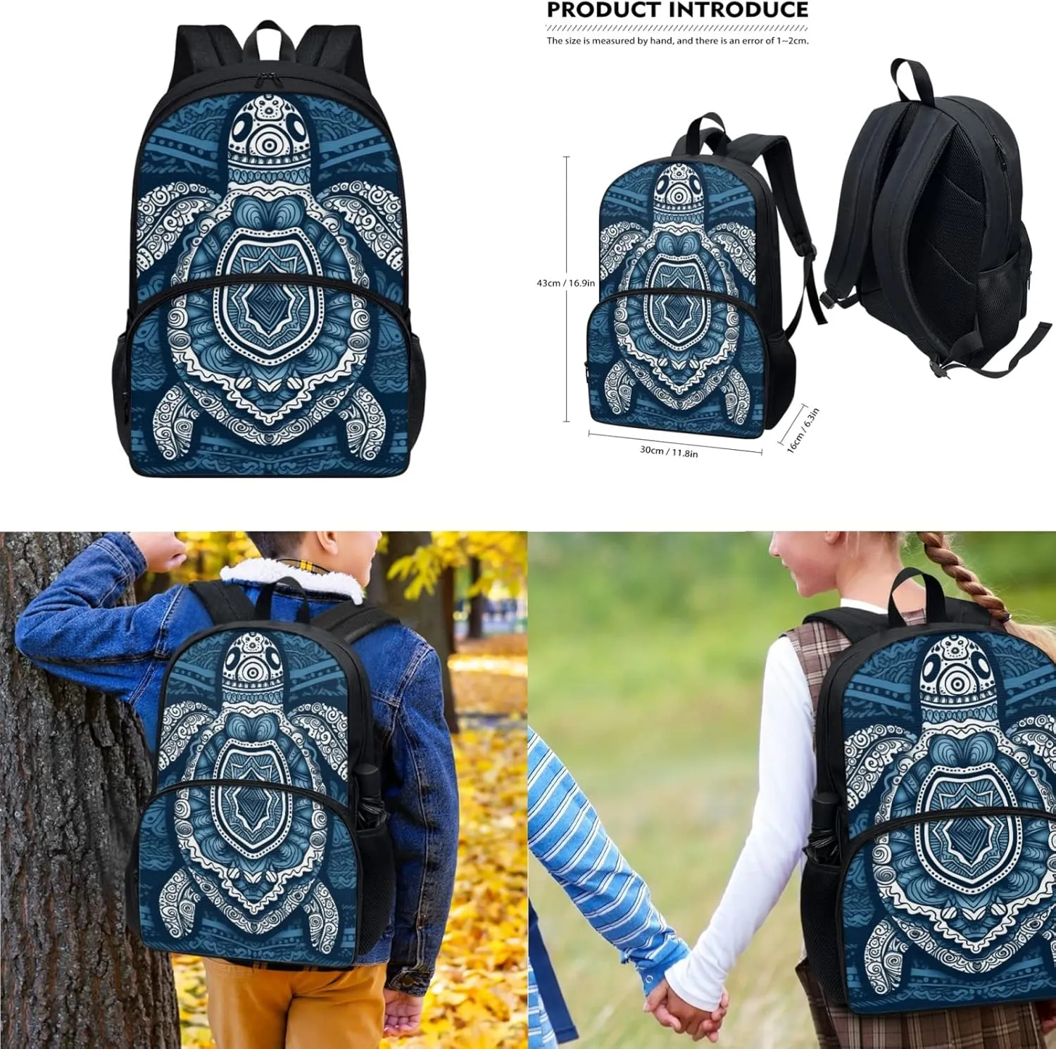 Bohemia Blue Sea Turtle Middle School Bag Primary Junior High School Bag Aztec Mandala Southwestern Turtle Kids Shoulder Lunch Bag and Pen Case Bag Set for Kids Boys Girls