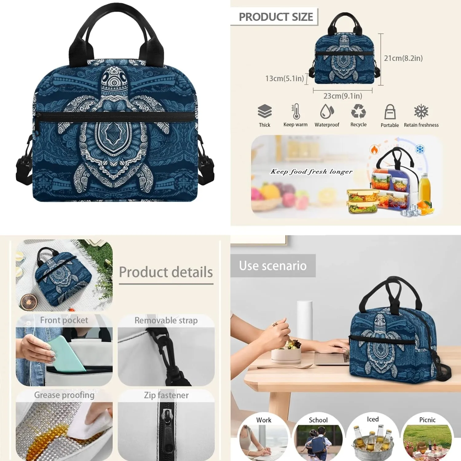 Bohemia Blue Sea Turtle Middle School Bag Primary Junior High School Bag Aztec Mandala Southwestern Turtle Kids Shoulder Lunch Bag and Pen Case Bag Set for Kids Boys Girls