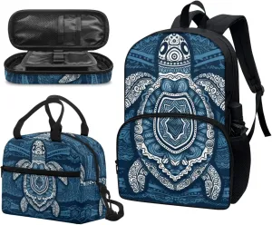 Bohemia Blue Sea Turtle Middle School Bag Primary Junior High School Bag Aztec Mandala Southwestern Turtle Kids Shoulder Lunch Bag and Pen Case Bag Set for Kids Boys Girls