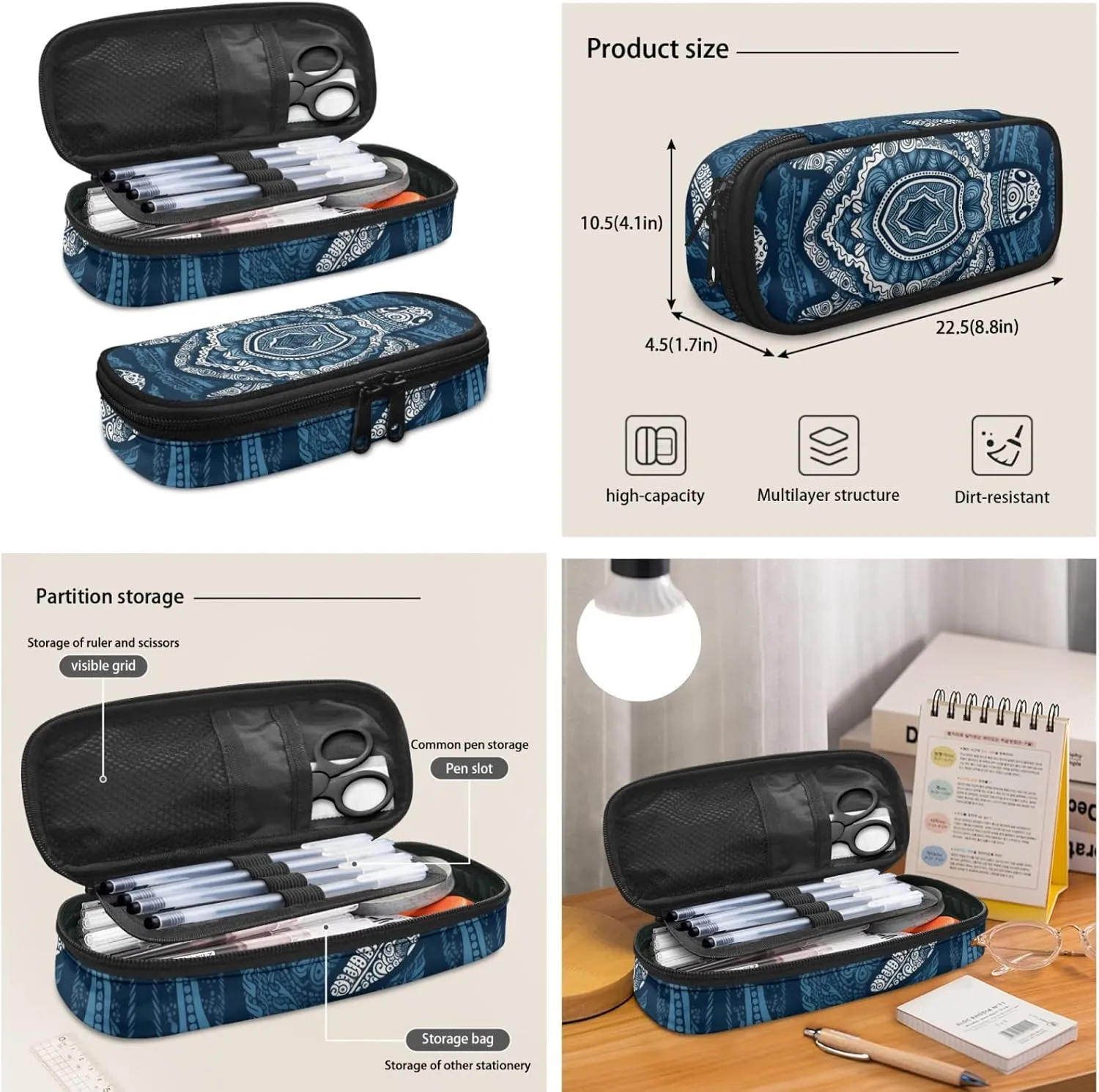 Bohemia Blue Sea Turtle Middle School Bag Primary Junior High School Bag Aztec Mandala Southwestern Turtle Kids Shoulder Lunch Bag and Pen Case Bag Set for Kids Boys Girls