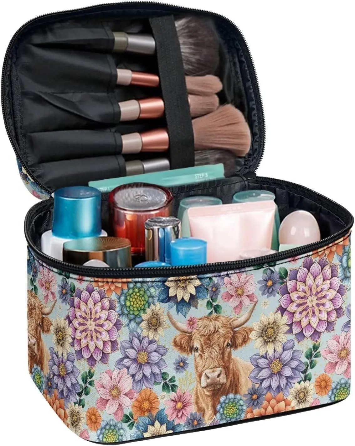 Boho Mandala Highland Cattle Pattern Travel Makeup Bags for Women Portable Tote Cosmetic Case with Carry Handle Toiletry Accessories Storage Organizer Bags