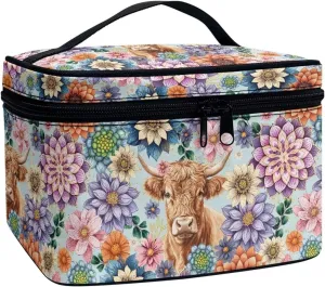 Boho Mandala Highland Cattle Pattern Travel Makeup Bags for Women Portable Tote Cosmetic Case with Carry Handle Toiletry Accessories Storage Organizer Bags