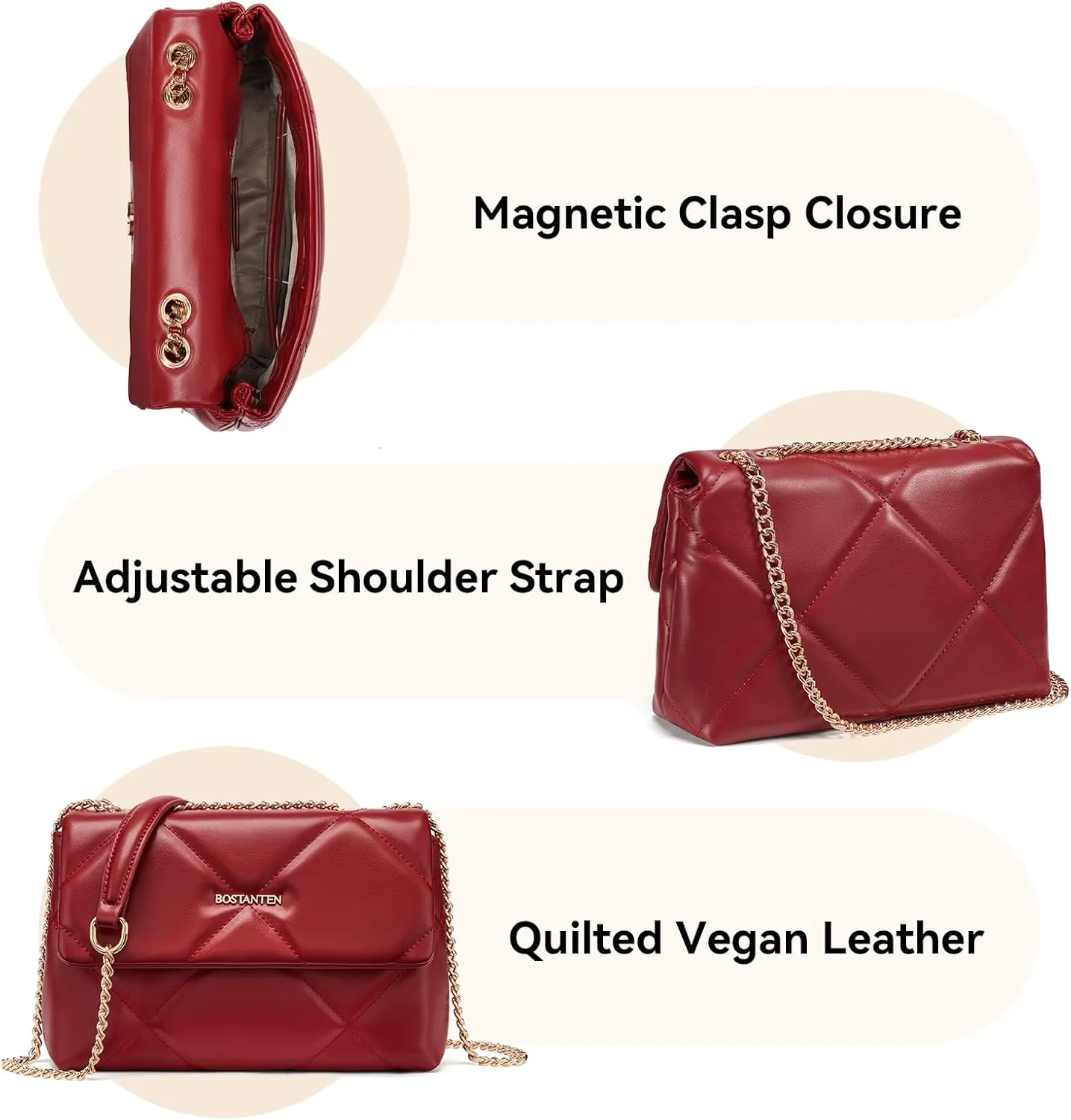 BOSTANTEN Crossbody Bags for Women Small Purse Vegan Leather Quilted Shoulder Bag With Chain Trendy Ladies Handbags