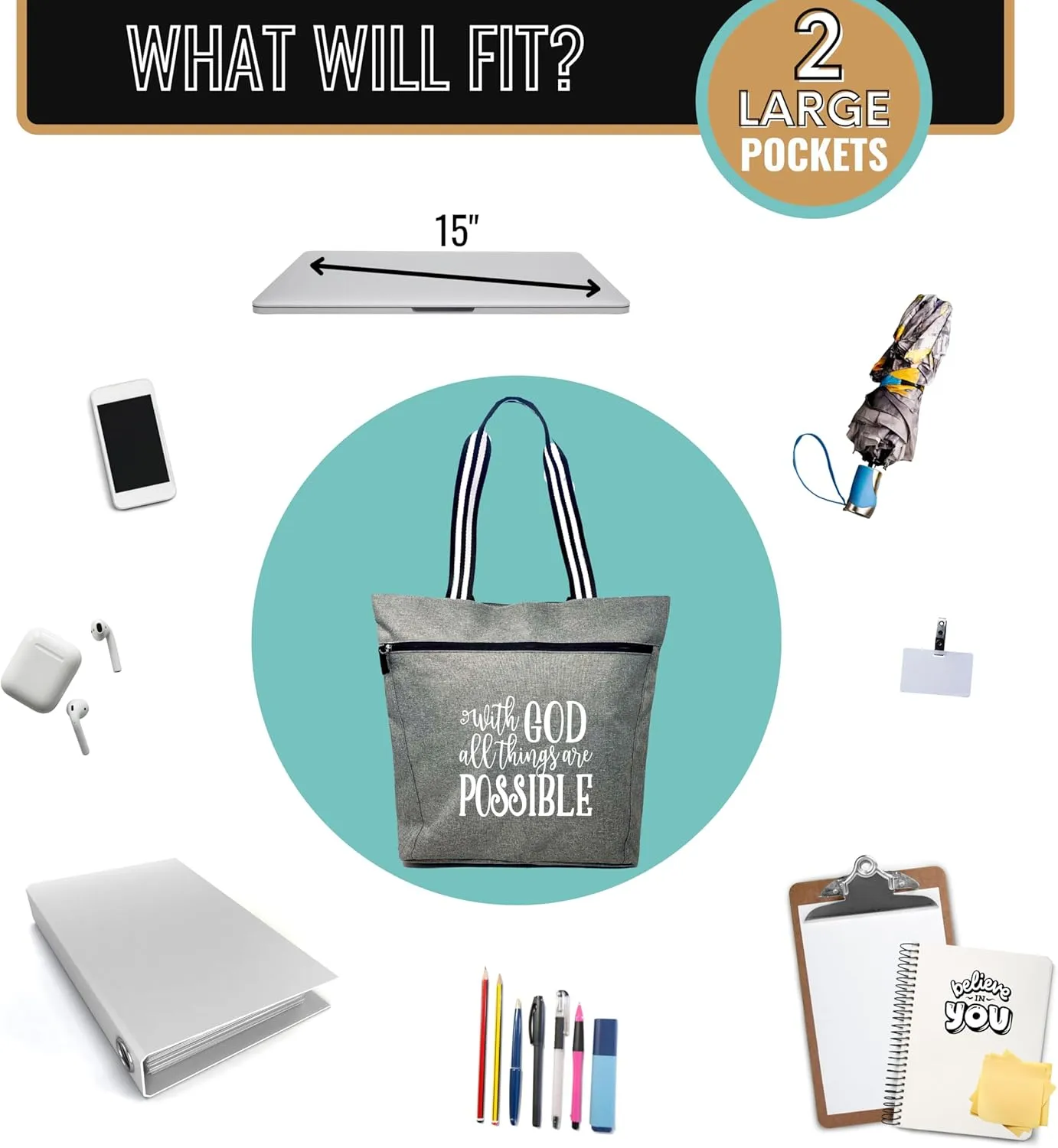 Brooke & Jess Designs Church Bags for Women - Bible Tote Bags for Women, Large Tote Bag for Womens with Zipper