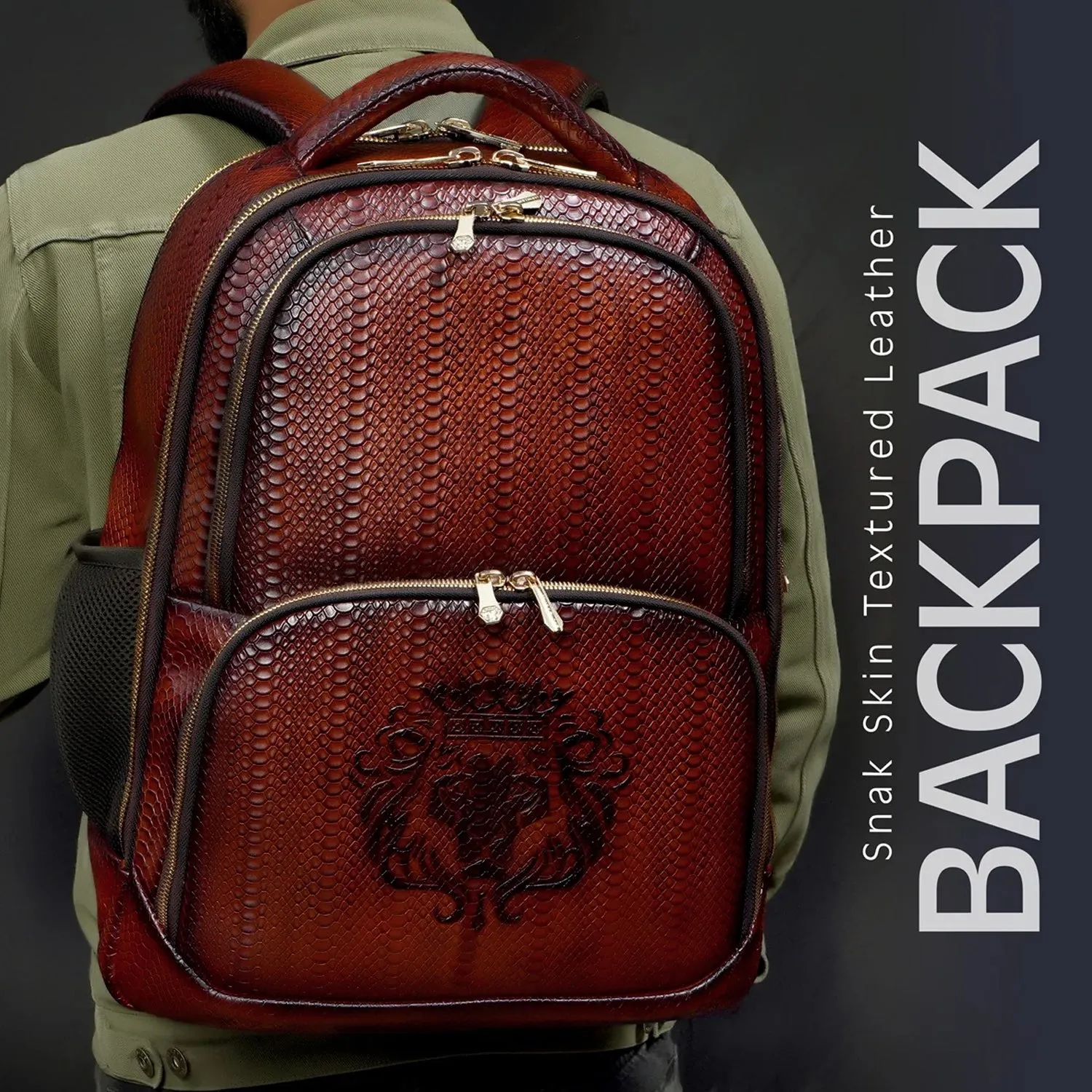 Brown Snake Skin-Textured Leather Backpack with Multi-Utility Design