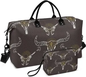 Bull Horn Skull Travel Gym Duffel Bag Quilted Weekender Bags Carry on Overnight Tote Bag for Women Men