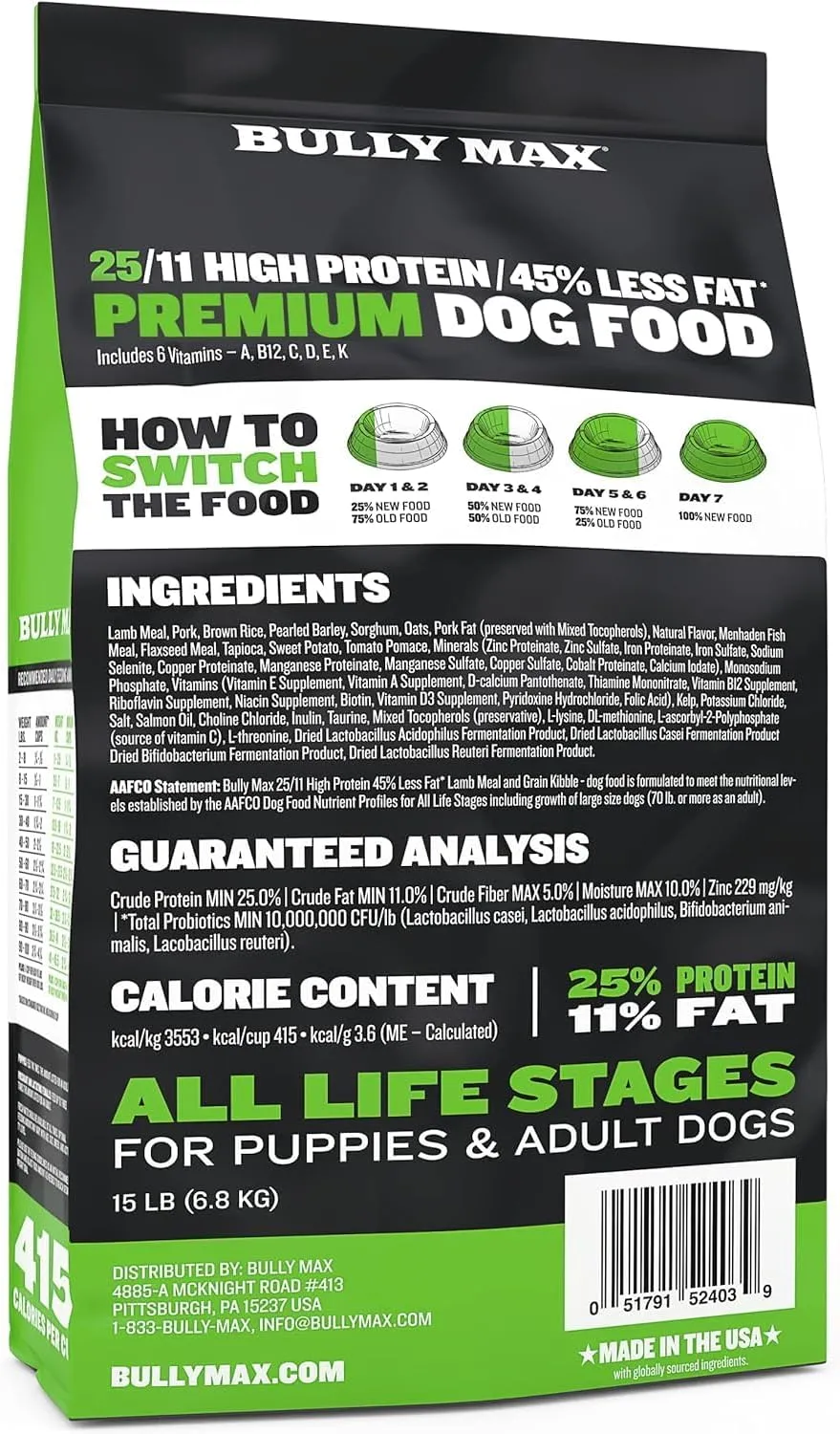 Bully Max 25/11 High Protein & Low Fat Dry Dog Food for Puppies & Adult Dogs - Chicken-Free Lamb Flavor - Natural Puppy Food for All Ages, Small and Large Breeds - 10lbs (2 Bags, 5 lbs Each)