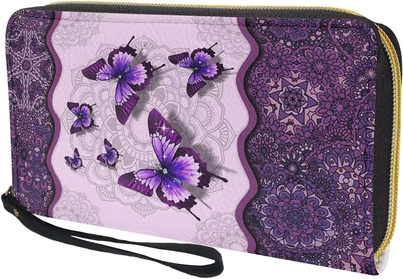 Bulopur Boho Butterfly Pattern Zipper Around Women Wallet with Coin Pockets, Clutch Phone Bags Travel Purse with Wristlet