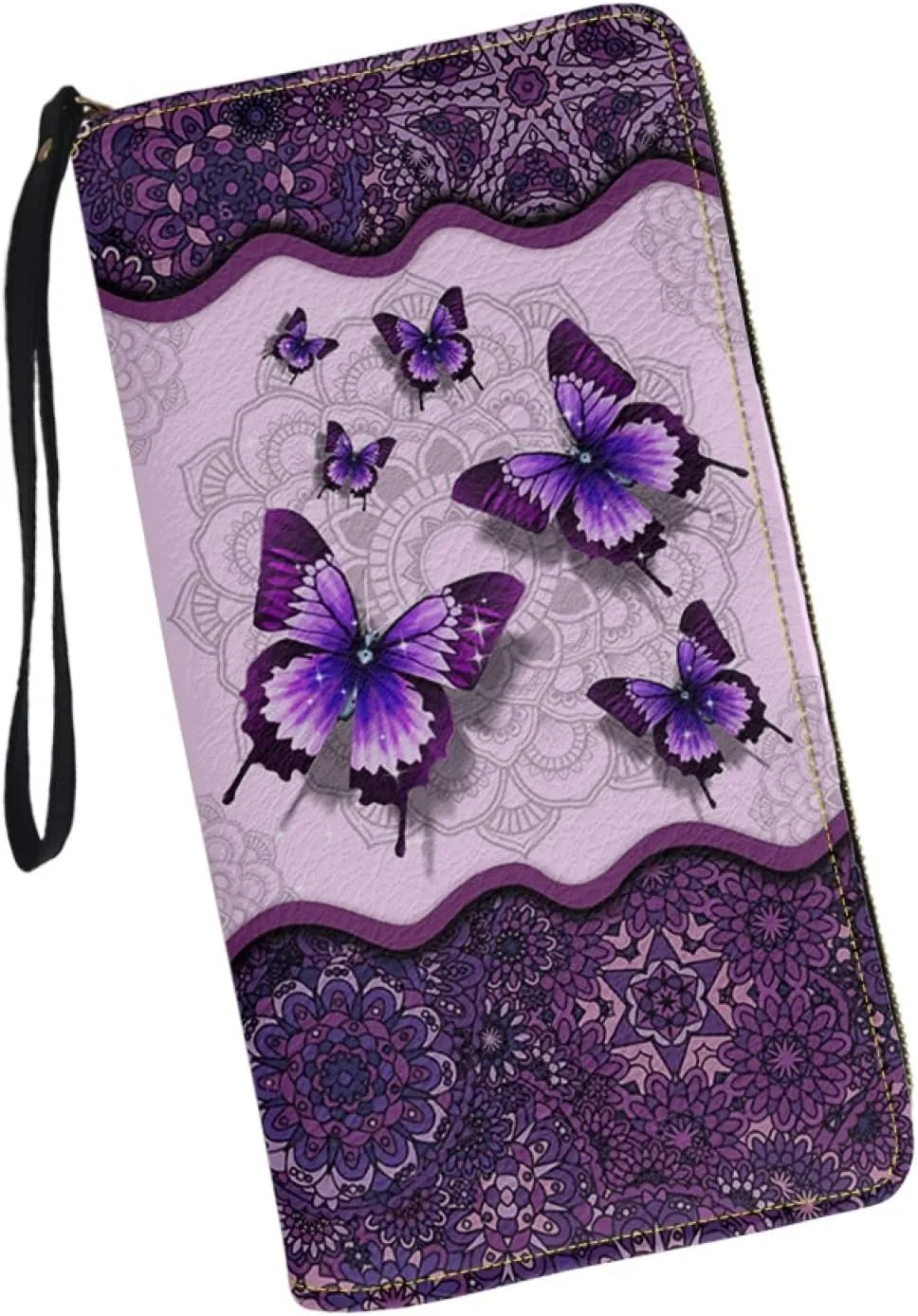 Bulopur Boho Butterfly Pattern Zipper Around Women Wallet with Coin Pockets, Clutch Phone Bags Travel Purse with Wristlet