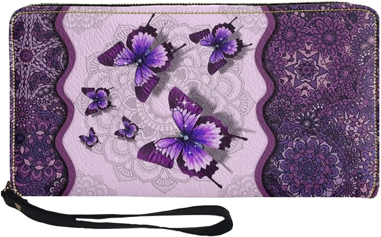 Bulopur Boho Butterfly Pattern Zipper Around Women Wallet with Coin Pockets, Clutch Phone Bags Travel Purse with Wristlet