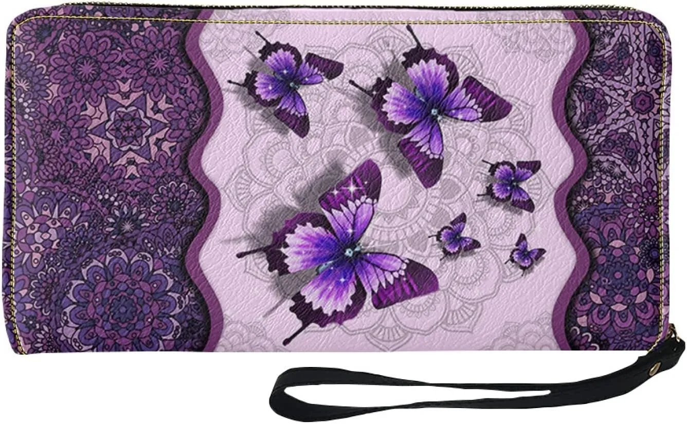 Bulopur Boho Butterfly Pattern Zipper Around Women Wallet with Coin Pockets, Clutch Phone Bags Travel Purse with Wristlet