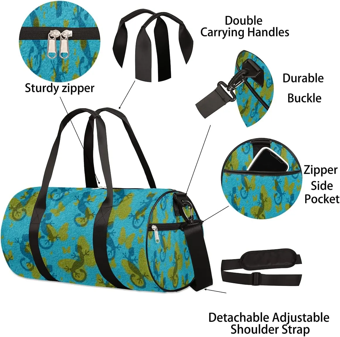Butterflies Lizard Gym Bag Small Gym Duffel Bags for Men Women Reptile Blue Overnight Weekender Workout Bag Lightweight Sport Duffle Bag Carry On Gymbag
