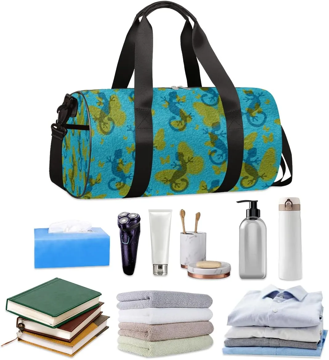 Butterflies Lizard Gym Bag Small Gym Duffel Bags for Men Women Reptile Blue Overnight Weekender Workout Bag Lightweight Sport Duffle Bag Carry On Gymbag