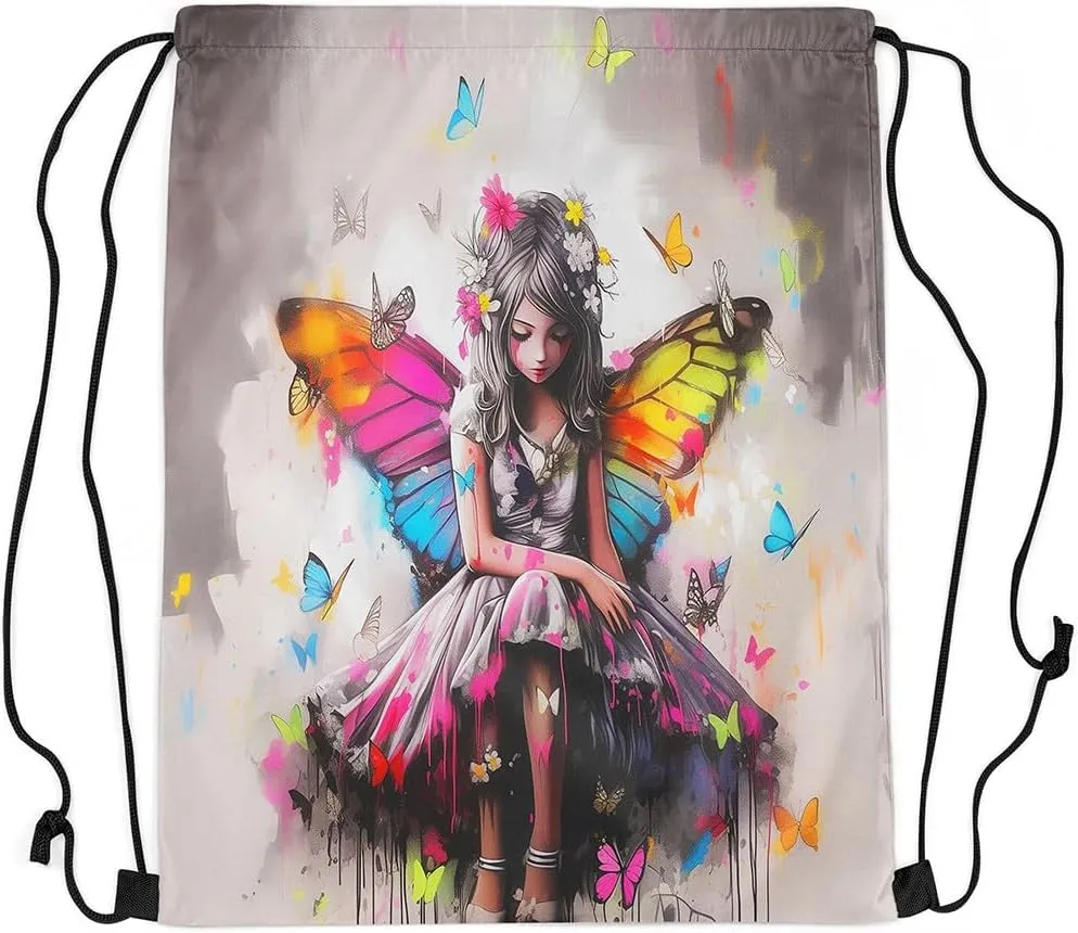Butterfly Drawstring Backpack Bags,Spirit Cartoon Gym String Sackpack Bag,Watercolor Tie Dye Waterproof Cinch Bag 13"x16"