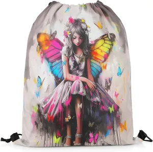 Butterfly Drawstring Backpack Bags,Spirit Cartoon Gym String Sackpack Bag,Watercolor Tie Dye Waterproof Cinch Bag 13"x16"