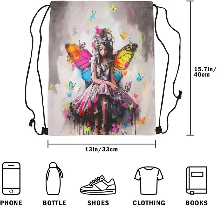Butterfly Drawstring Backpack Bags,Spirit Cartoon Gym String Sackpack Bag,Watercolor Tie Dye Waterproof Cinch Bag 13"x16"