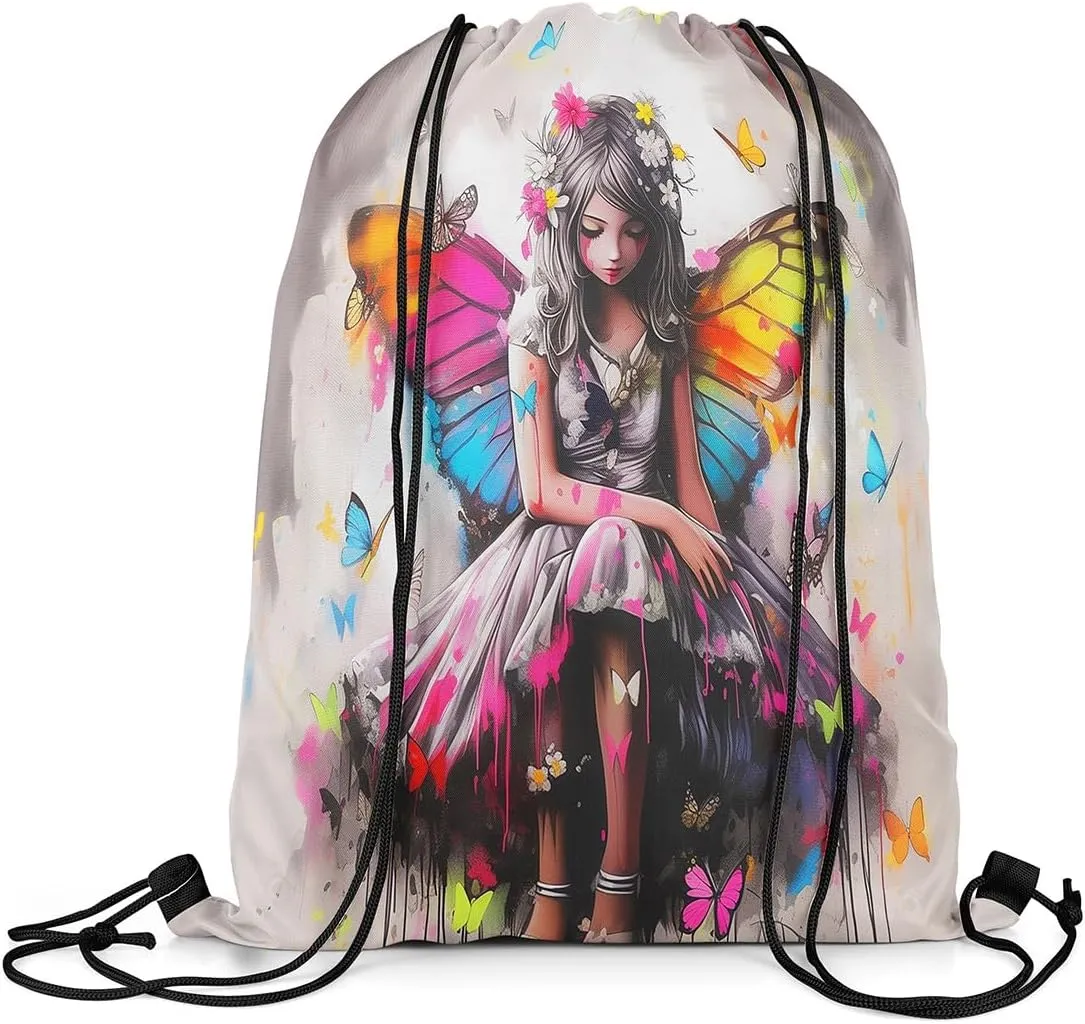Butterfly Drawstring Backpack Bags,Spirit Cartoon Gym String Sackpack Bag,Watercolor Tie Dye Waterproof Cinch Bag 13"x16"