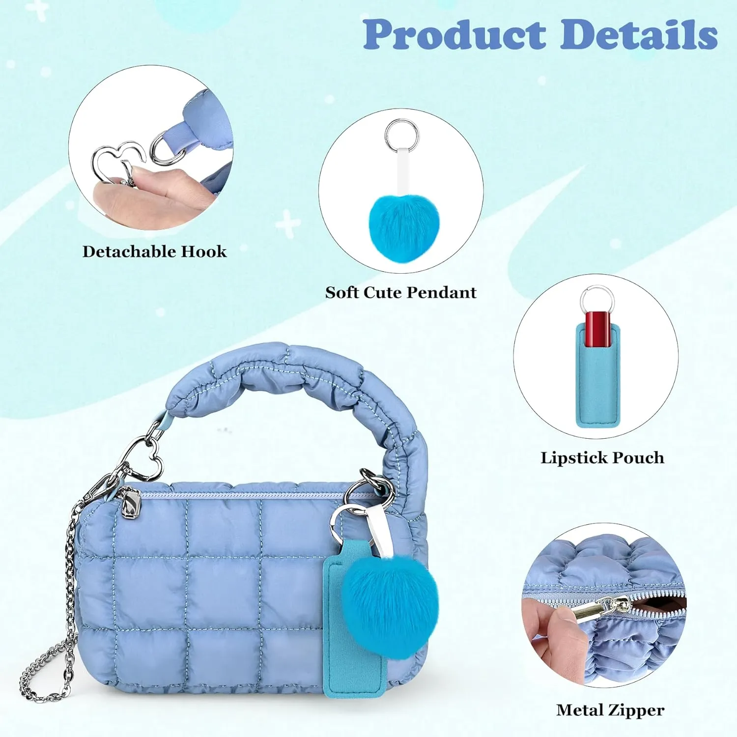 bvya Two Sizes Quilted Wristlet Bag for Women, Puffer Handbags,Evening Bags,Charm Lipstick Bag