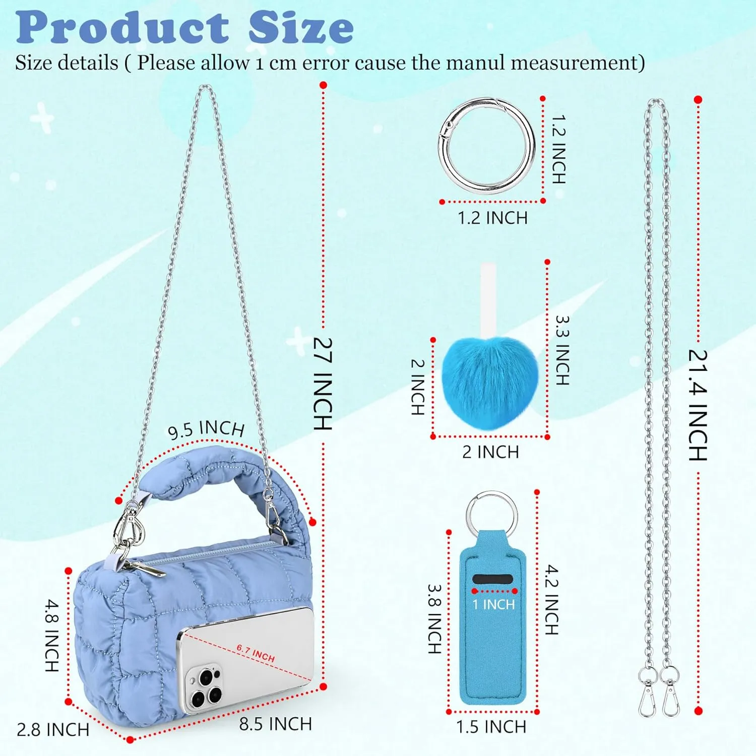 bvya Two Sizes Quilted Wristlet Bag for Women, Puffer Handbags,Evening Bags,Charm Lipstick Bag