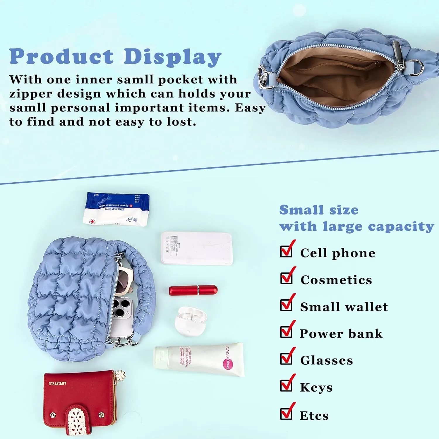 bvya Two Sizes Quilted Wristlet Bag for Women, Puffer Handbags,Evening Bags,Charm Lipstick Bag