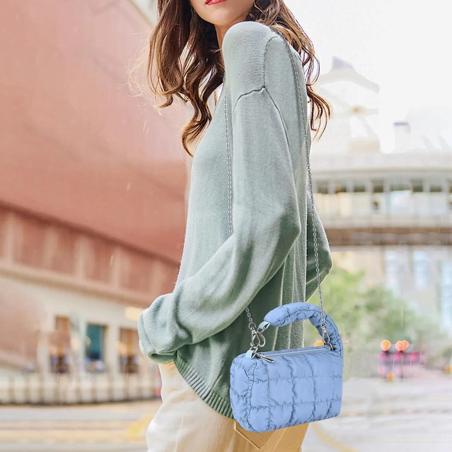 bvya Two Sizes Quilted Wristlet Bag for Women, Puffer Handbags,Evening Bags,Charm Lipstick Bag
