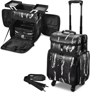 BYOOTIQUE Soft Sided Rolling Makeup Train Case Cosmetic Organizer Crocodile Makeup Case Trolley for Makeup Artist Nail Technician Hairstylist Crafters with Detachable Pouch & Shoulder Strap,Black