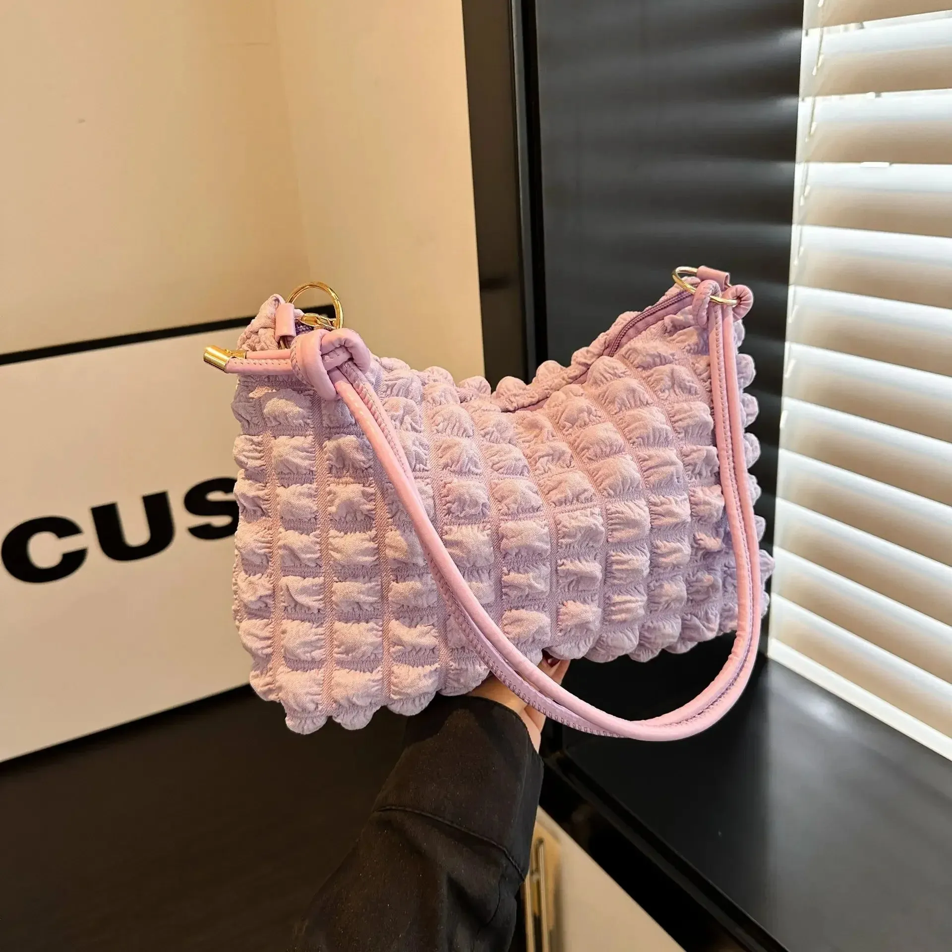 Canvas Pleated Shoulder Quilted Tote Bag
