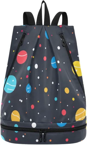 cartoon colorful rounds black Drawstring sports bags yoga backpack for women with Wet Dry Compartments