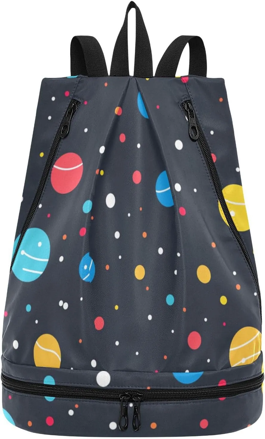 cartoon colorful rounds black Drawstring sports bags yoga backpack for women with Wet Dry Compartments