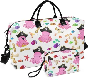 Cartoon Octopus Pirate Sports Gym Bag for Women Men Travel Duffel Bag Weekend Overnight Carry on Bag with Toiletry Bag Hospital Bag for Workout Swimming Yoga Plane Hospital