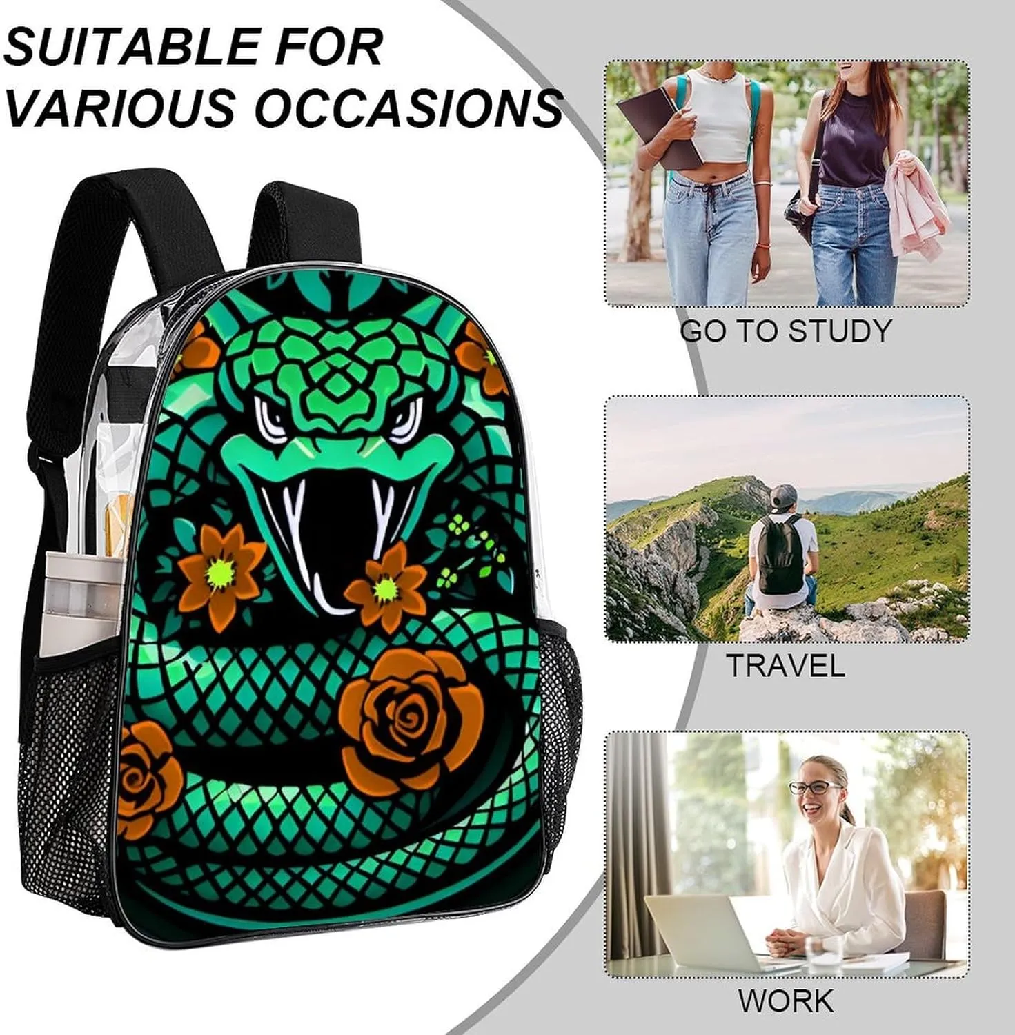 Casual Daypack Multipurpose Anti-Theft Large Capacity Carry On Bag - Green Snake Red Floral Art Casual Daypack Climbing Shoulder Transparent Bag