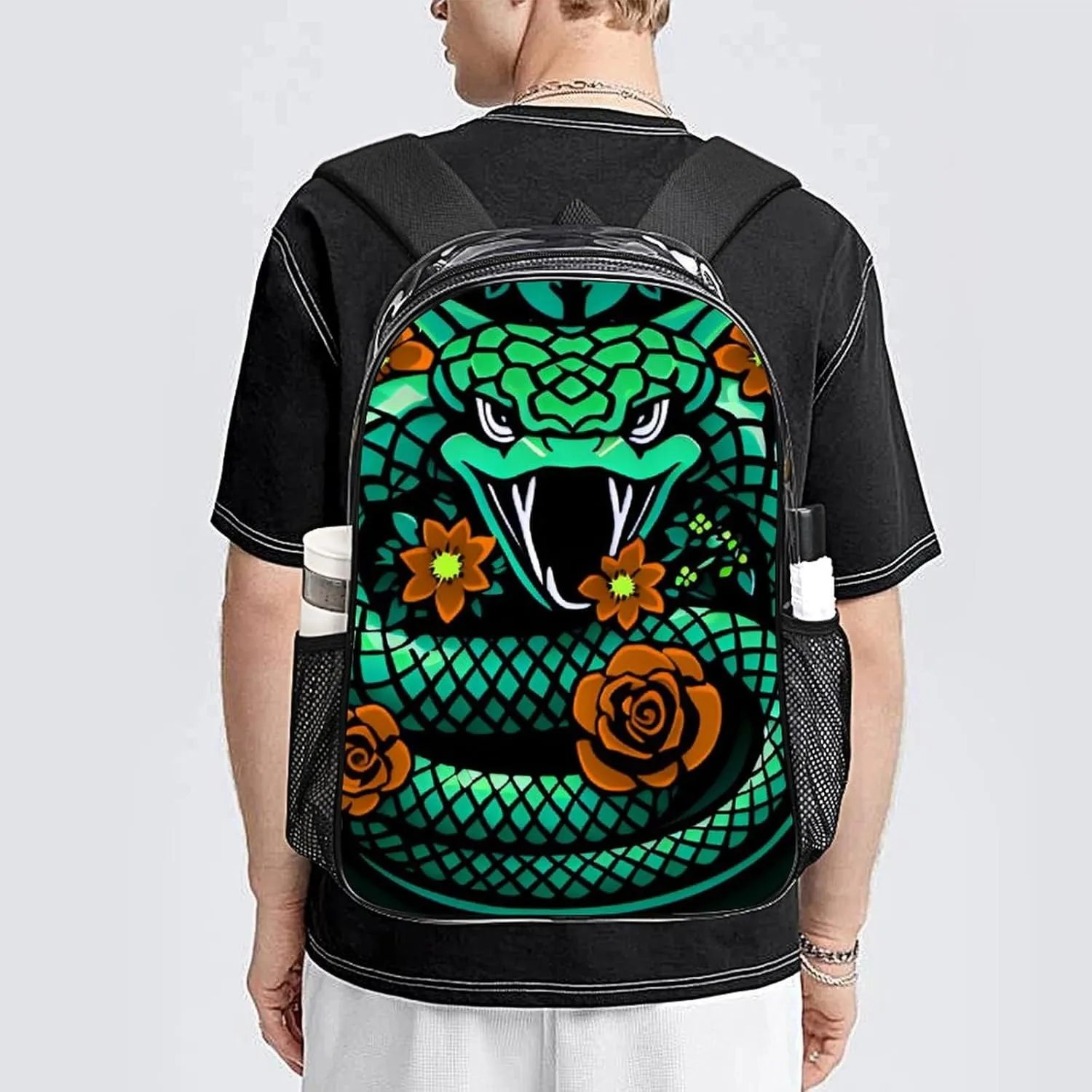 Casual Daypack Multipurpose Anti-Theft Large Capacity Carry On Bag - Green Snake Red Floral Art Casual Daypack Climbing Shoulder Transparent Bag