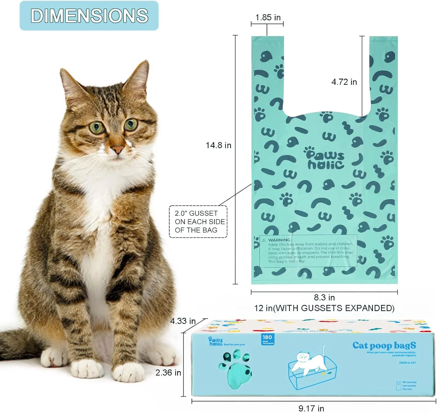 Cat Poop Bags Cat Litter Bags with Handle, 180 Counts, Cornstarch Based Extra-Thick&Leak Proof Pet Waste Pick Up Bag (Lavender Scented)