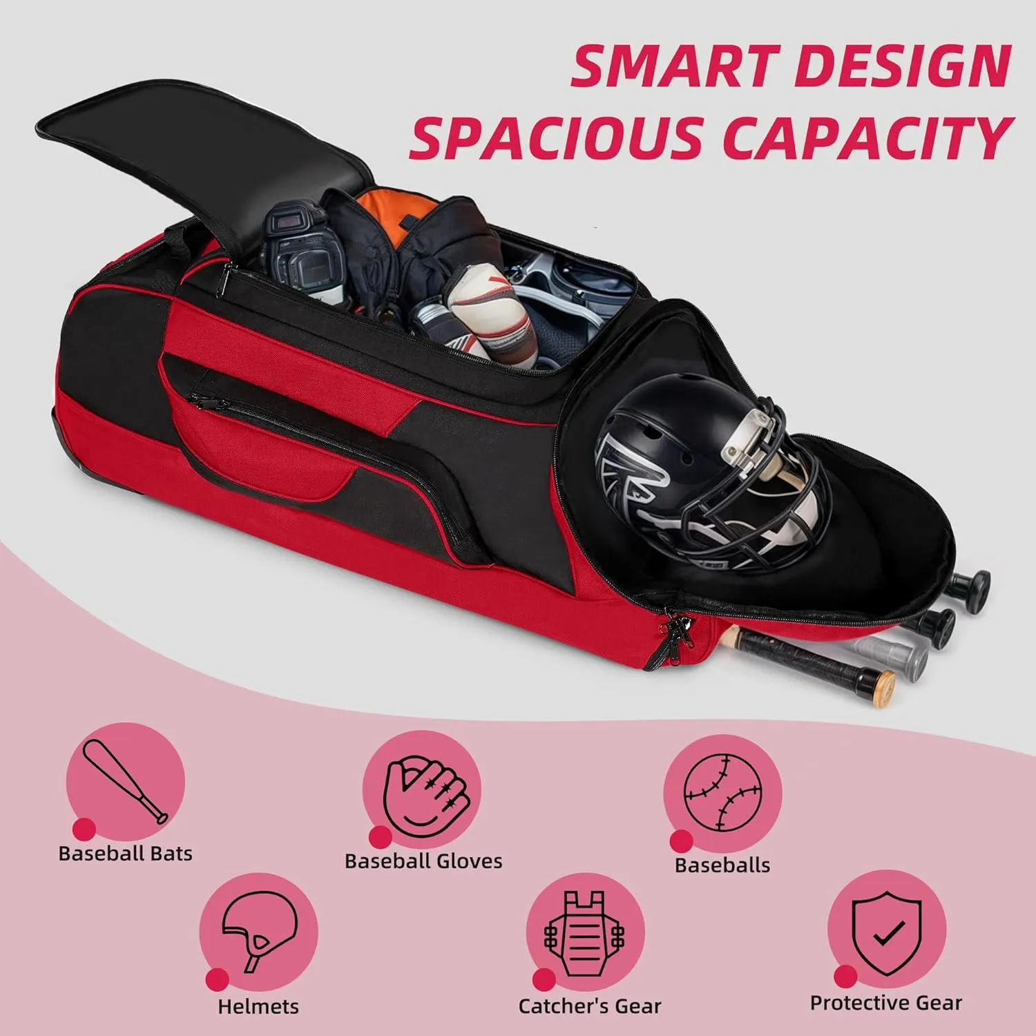 Catchers Gear Bag with Wheels, Rolling Baseball & Softball Catchers Bags with 4 Bat Sleeves, Fence-Hooks, Separate Shoe Compartments and Multi-Pockets