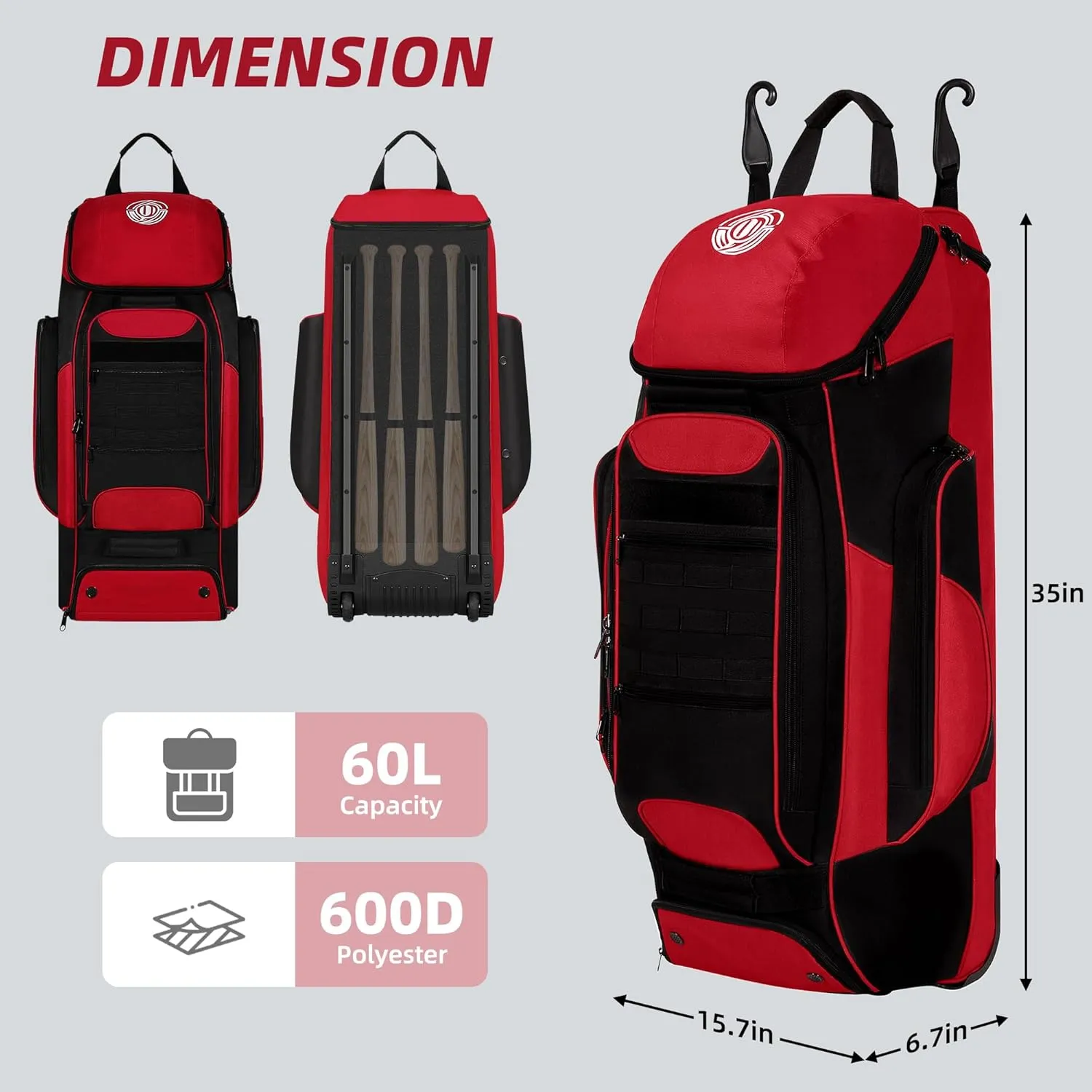 Catchers Gear Bag with Wheels, Rolling Baseball & Softball Catchers Bags with 4 Bat Sleeves, Fence-Hooks, Separate Shoe Compartments and Multi-Pockets