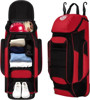 Catchers Gear Bag with Wheels, Rolling Baseball & Softball Catchers Bags with 4 Bat Sleeves, Fence-Hooks, Separate Shoe Compartments and Multi-Pockets