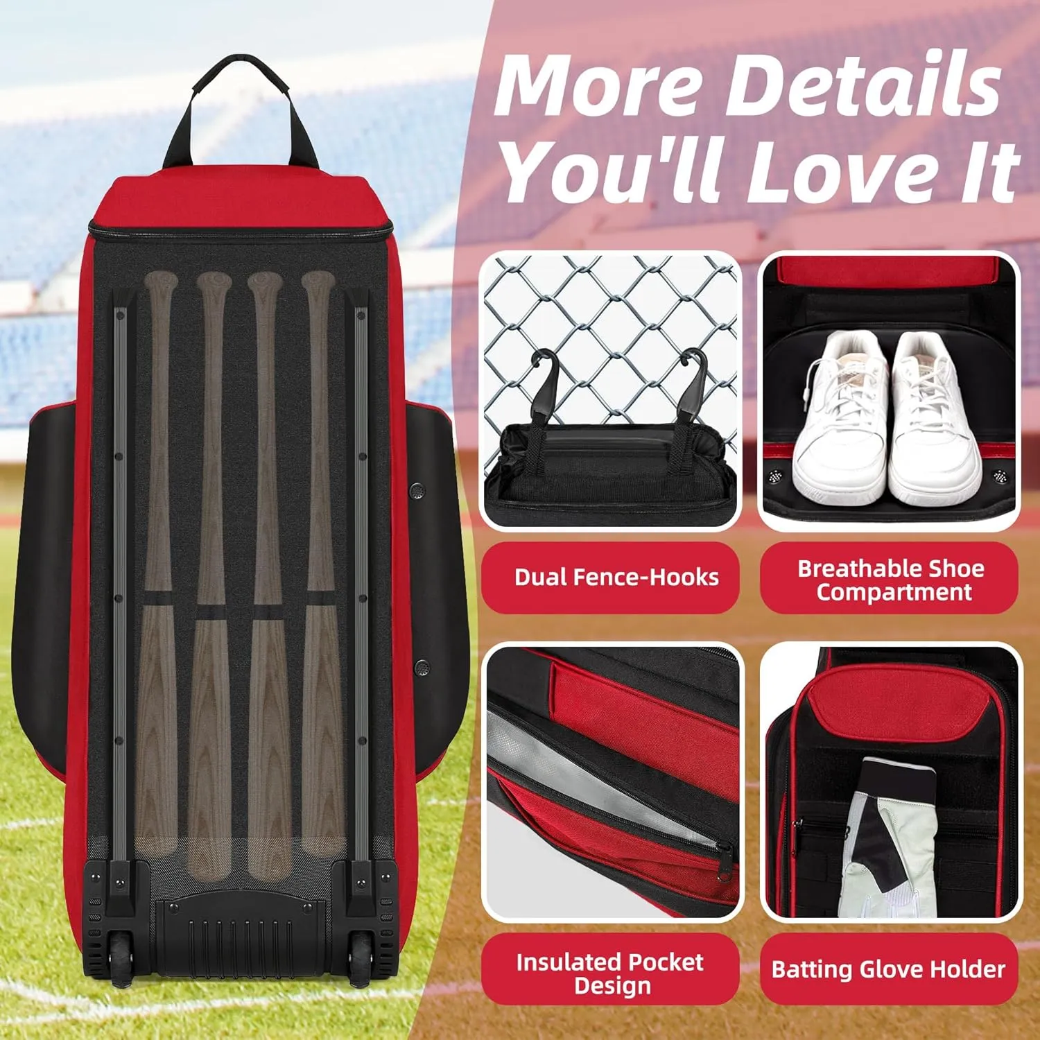 Catchers Gear Bag with Wheels, Rolling Baseball & Softball Catchers Bags with 4 Bat Sleeves, Fence-Hooks, Separate Shoe Compartments and Multi-Pockets