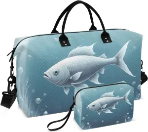 CEBUGI Serene Monochrome Fish Quilted Duffle Bag for Women Large Carry On Travel Weekend Bag Hospital Bags for Labor and Delivery