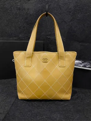 Chanel Vivian Calfskin External Stitching Handbag Yellow Tote