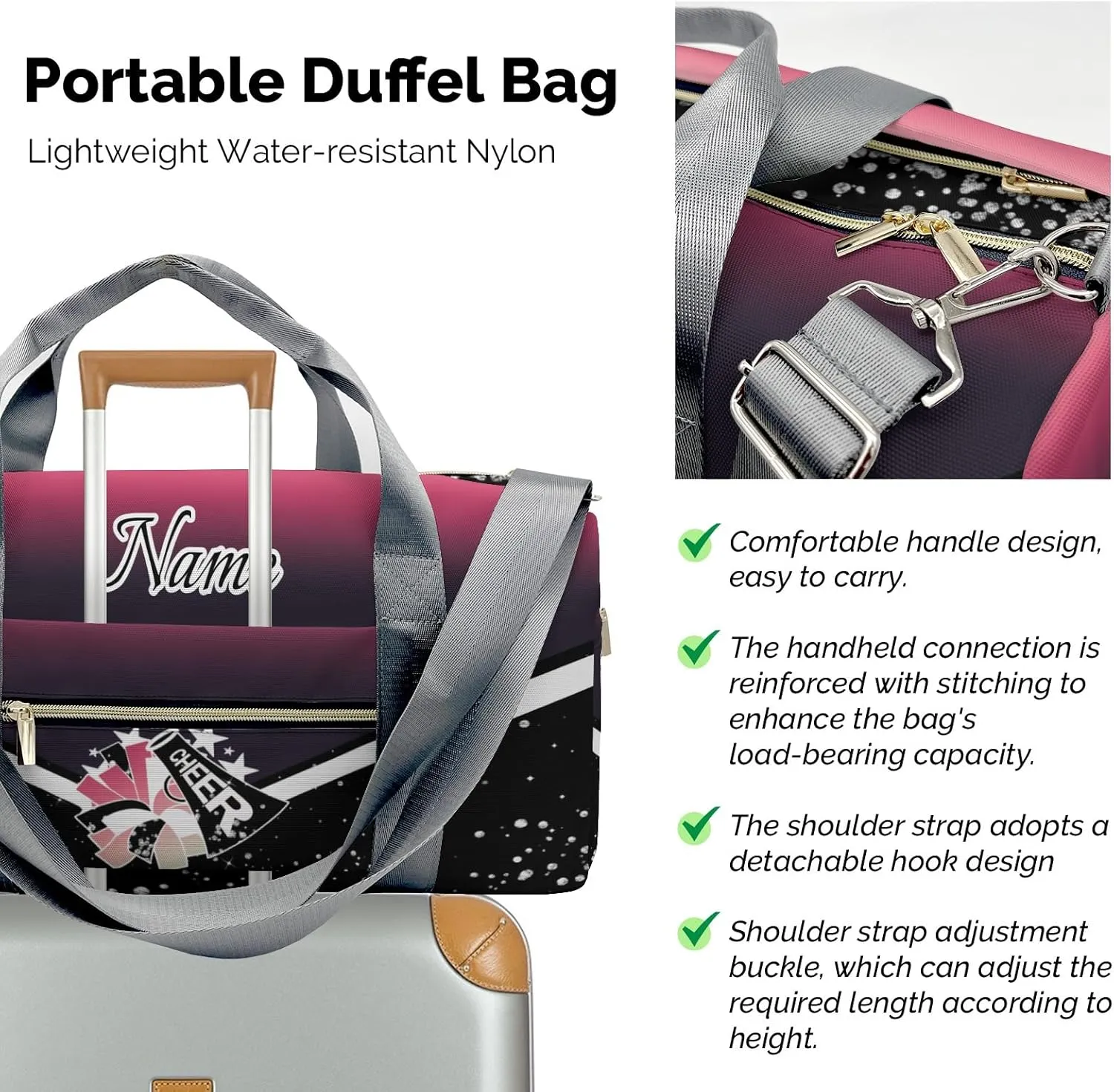 Cheer Personalized Cheerleader Duffel Bag Dance Bag for Women, Custom with Name Gym Bag Sport Duffel Bag, Agate Red Weekender Bags Travel Bag