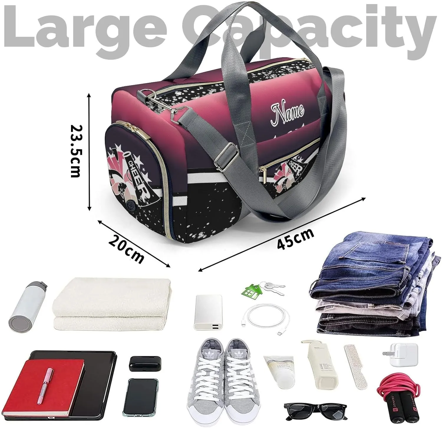 Cheer Personalized Cheerleader Duffel Bag Dance Bag for Women, Custom with Name Gym Bag Sport Duffel Bag, Agate Red Weekender Bags Travel Bag