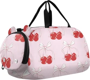 Cherry Bow Tie Ribbon Sports Duffle Bag for Girls Boys, Gym Bag with Shoe Compartment, Kids Travel Overnight Weekender Shoulder Bag