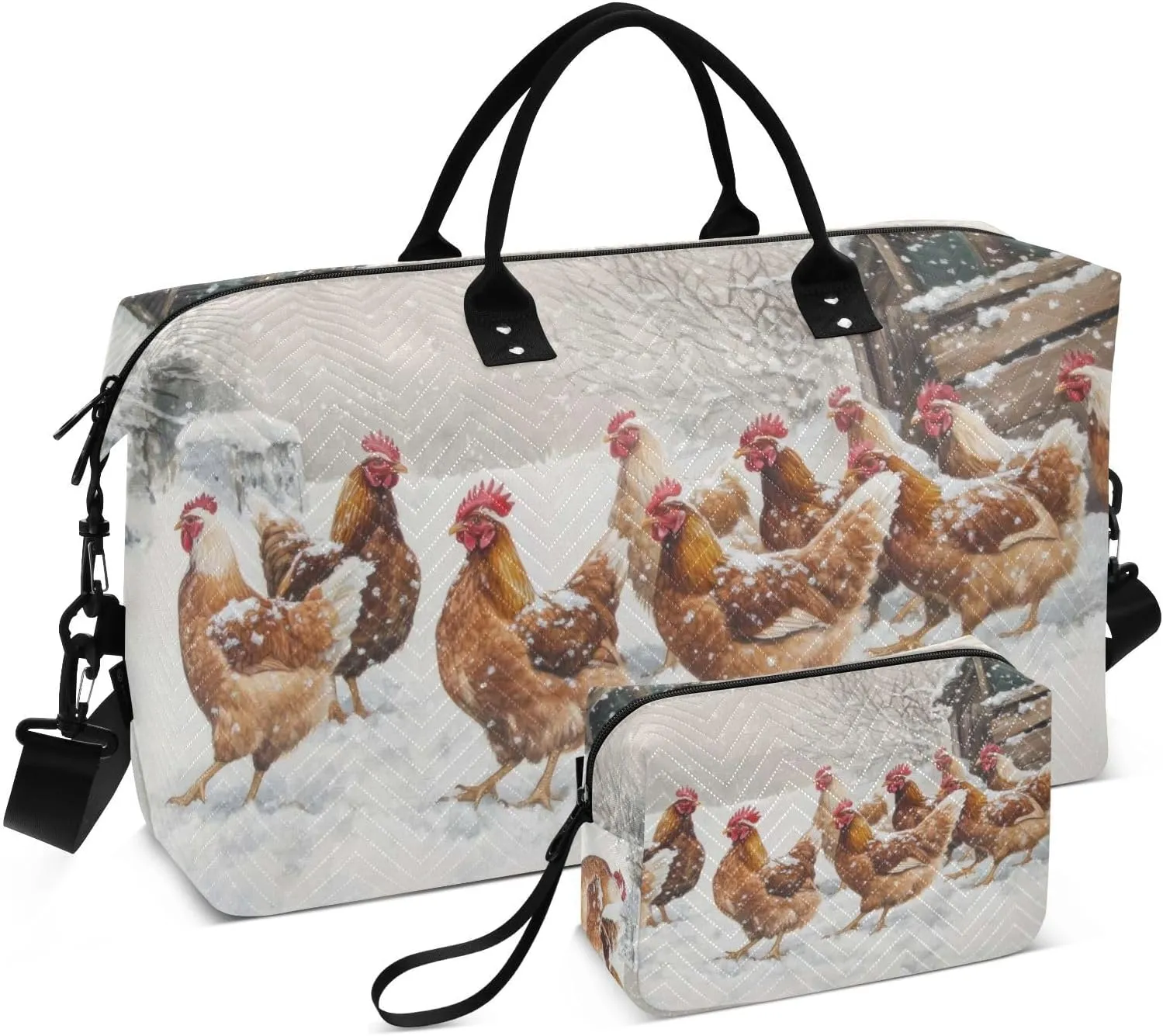 Chickens Winter Barn Travel Duffel Bag, Gym Bags with Multiple Interior Pockets for Men Women Toiletry Purse Included 20.5”x 1.9” x 13.8”