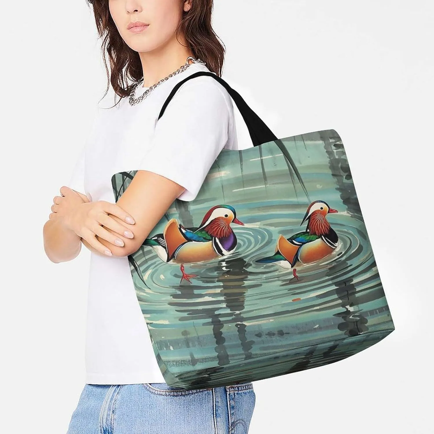 Chinese Style Mandarin Ducks Tote Bag for Women Reusable Grocery Shoulder Bags Shopping Bag for Travel, Groceries