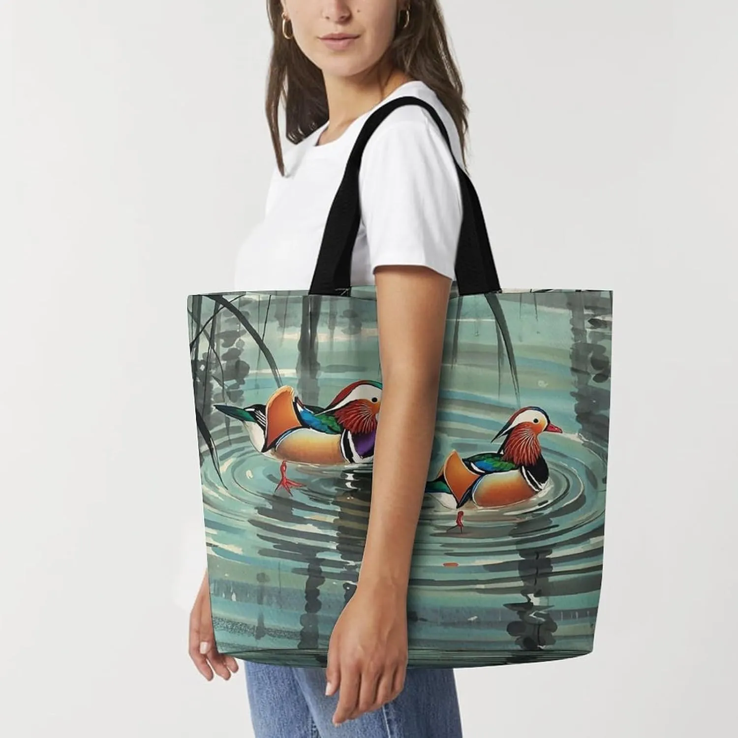 Chinese Style Mandarin Ducks Tote Bag for Women Reusable Grocery Shoulder Bags Shopping Bag for Travel, Groceries