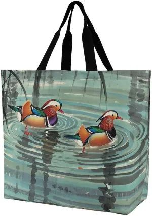Chinese Style Mandarin Ducks Tote Bag for Women Reusable Grocery Shoulder Bags Shopping Bag for Travel, Groceries