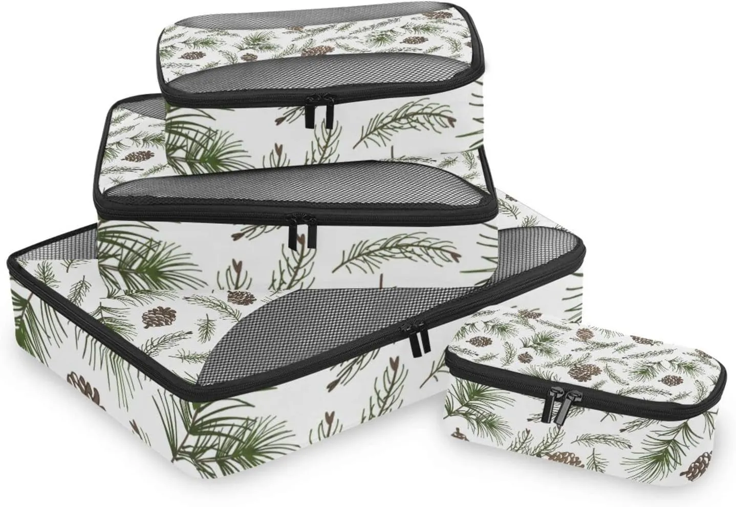 Christmas Tree Green Branches, Pine Cone Fir, Spruce 4 PCs Set Packing Bags, Luggage Organizer Bag, Portable Cube Toiletry bag, Durable Travel Cosmetic Storage Bag for Men Women