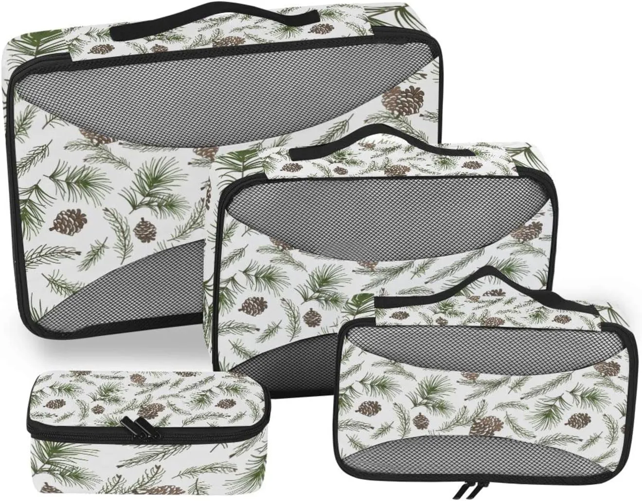 Christmas Tree Green Branches, Pine Cone Fir, Spruce 4 PCs Set Packing Bags, Luggage Organizer Bag, Portable Cube Toiletry bag, Durable Travel Cosmetic Storage Bag for Men Women