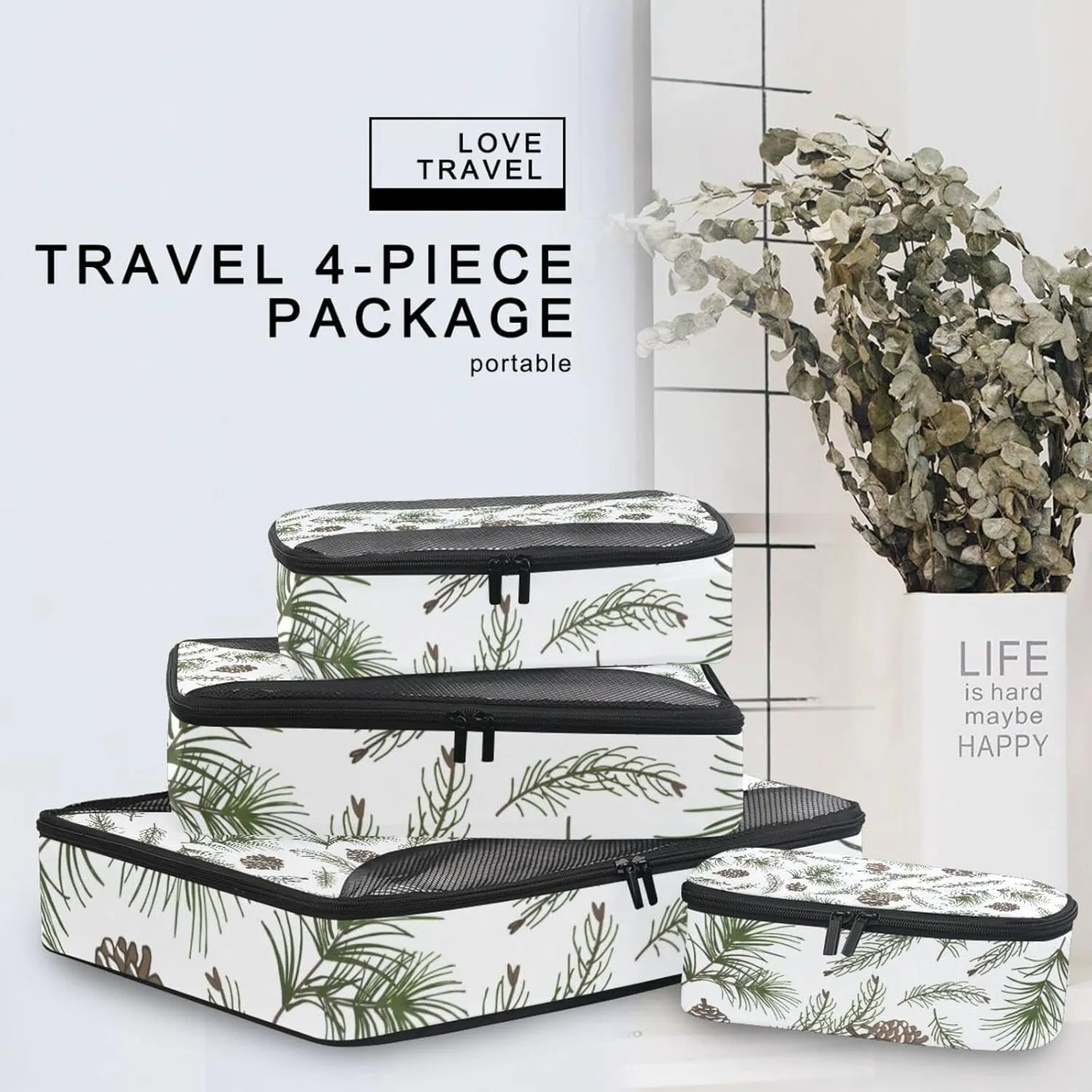 Christmas Tree Green Branches, Pine Cone Fir, Spruce 4 PCs Set Packing Bags, Luggage Organizer Bag, Portable Cube Toiletry bag, Durable Travel Cosmetic Storage Bag for Men Women